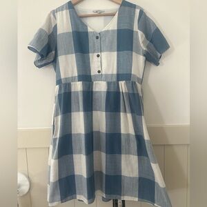 Blue and White Plaid Buffalo check dress. Trad wife, Waldorf mom casual elegance